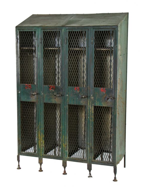 c. early 20th century american industrial federal "expanded metal" or diamond mesh four-unit factory locker with old green paint finish 