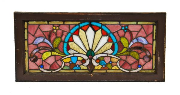 impressive late 1880's original brightly colored american victorian era residential stained glass transom window with jewels 