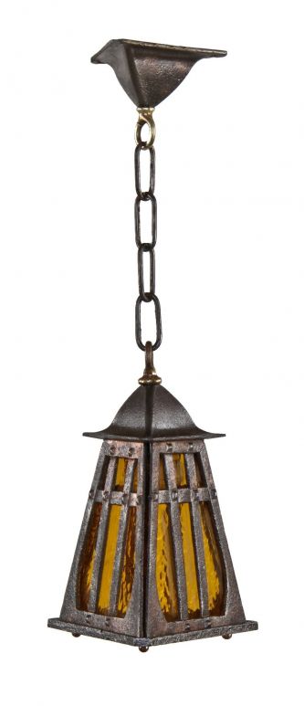 refinished c. 1920's original antique american craftsman style salvaged chicago ornamental cast iron pyramidal-shaped art glass pendant light