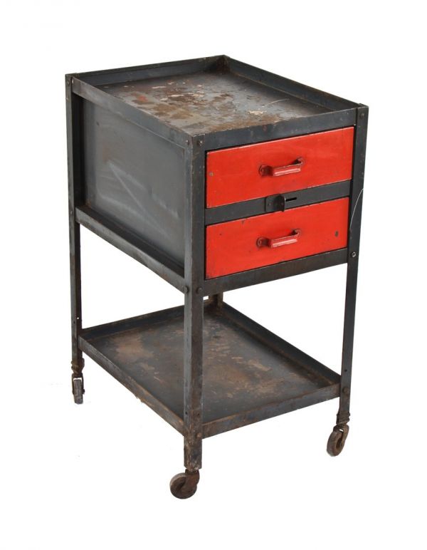 early 1950's vintage american industrial double drawer mobile factory machine shop storage cabinet or cart with swivel casters