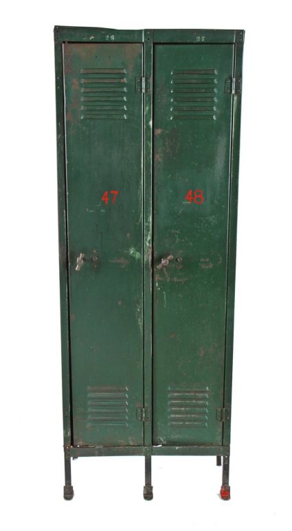 american c. early 20th century antique industrial green enameled cold-rolled steel double unit freestanding locker