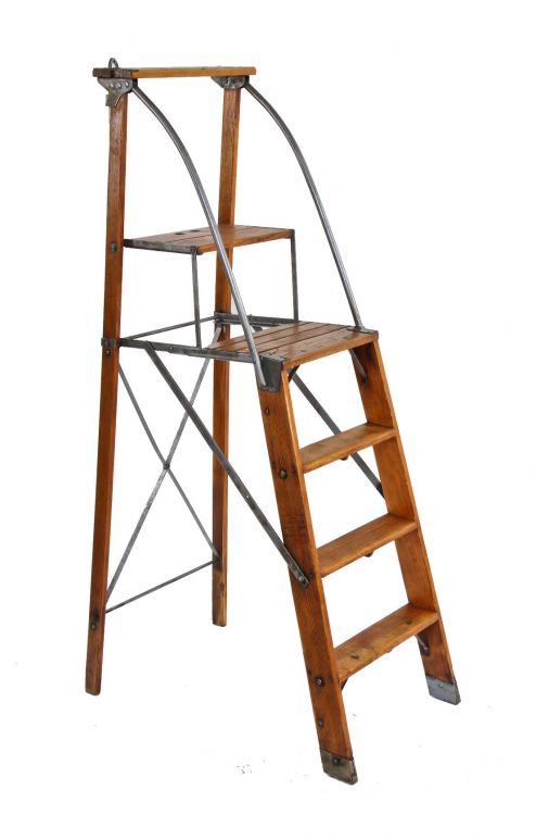fully functional early 1920's american antique industrial lightweight and rigid "dayton" collapsible safety ladder with guard rails 