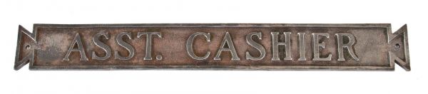 early 1900's original single-sided flush mount copper-plated cast iron chicago bank building "asst. cashier" teller cage sign or plaque