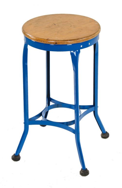 original and intact bright blue enameled four-legged bent and folded steel "uhl art steel" stationary stool with original solid maple wood seat