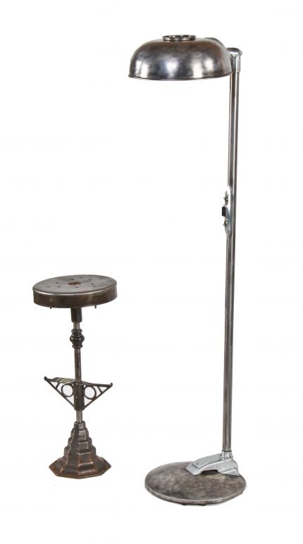 refinished c. 1940's vintage american medical freestanding brushed steel hospital examination floor lamp with swivel shade or reflector 