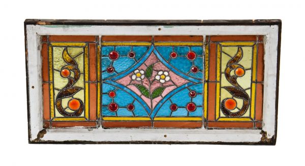 fantastically designed 19th century original antique american interior chicago residential stained glass window bedecked with faceted jewels  