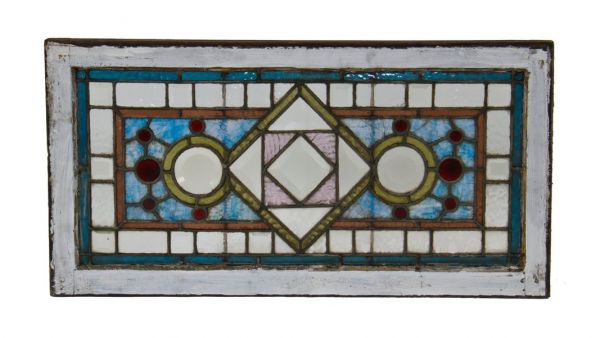 american c. 19th cent. victorian era strongly geometric chicago three-flat leaded glass transom window with faceted jewels