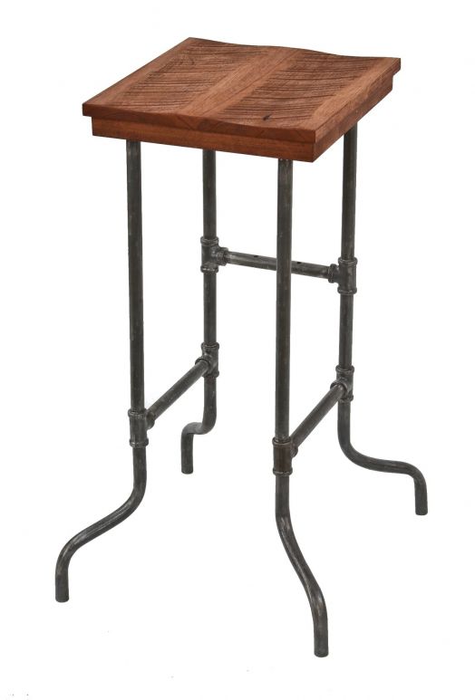 refinished c. 1940's custom-built bent tubular steel factory "pipe fitting" work stand with newly added hickory tabletop with apron