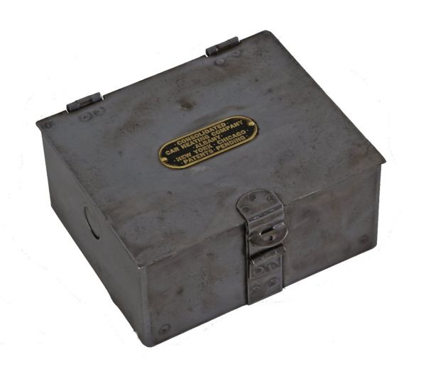 early 20th century diminutive heavy gauge steel new york city subway brakeman's tool box with riveted brass plaque