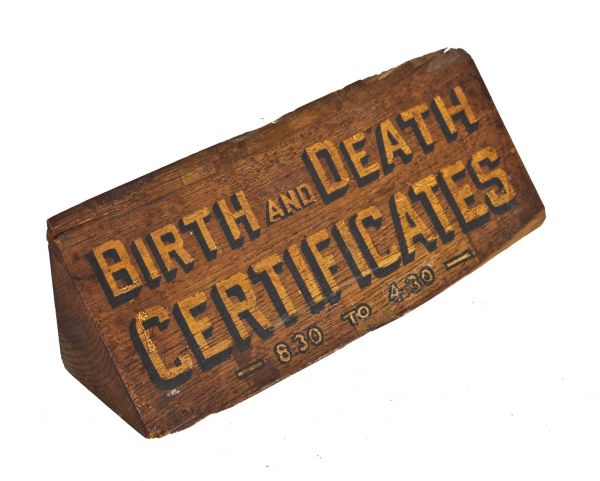 very unusual hand-crafted early 20th century minocqua courthouse building "birth and death certificates" desk plaque 
