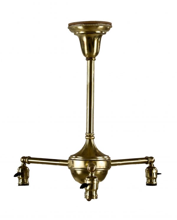 original chicago athletic club electric three-arm refinished yellow brass bare bulb ceiling fixture with matching key sockets