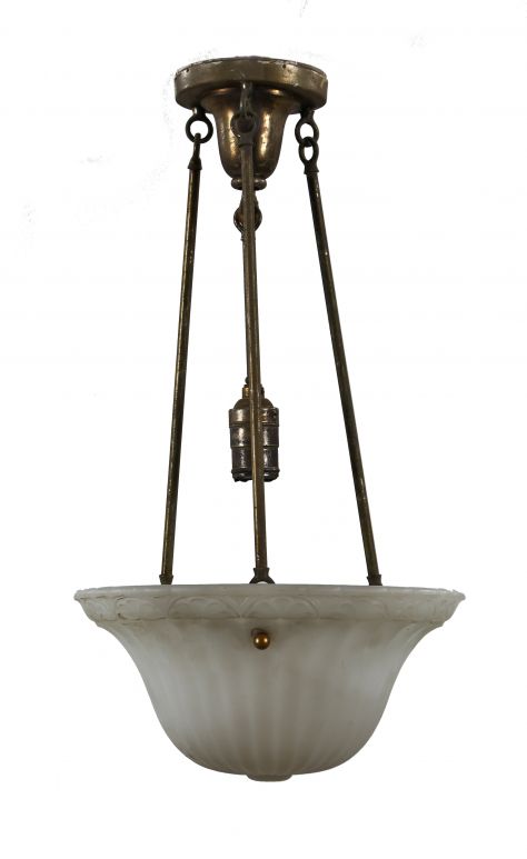 original and intact c. 1920's american antique chicago athletic club three-arm indirect pendant light fixture with frosted white opaque glass bowl shade