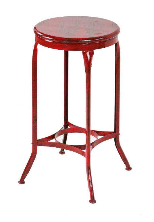 "uhl art steel" american vintage industrial red enameled bent and folded steel four-legged stationary stool with maple wood seat