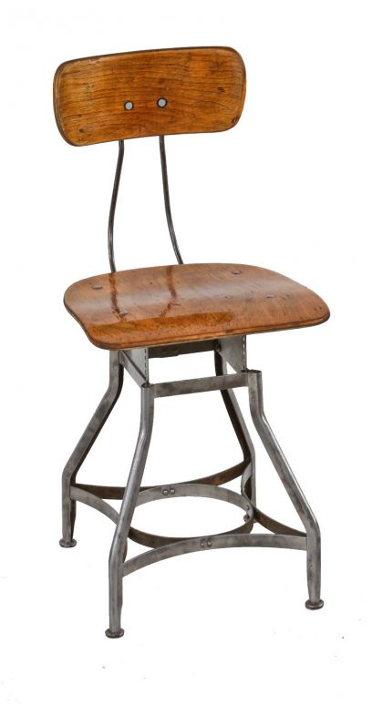 restored early 1930's american industrial stationary "uhl art steel" adjustable height maple wood typist office stool