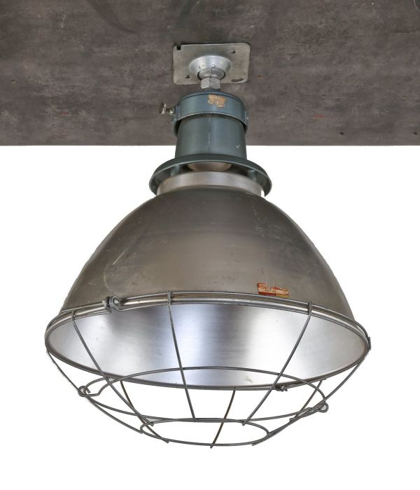 single original oversized c. 1950's american industrial chicago public school gymnasium deep bowl pendant light with protective cage