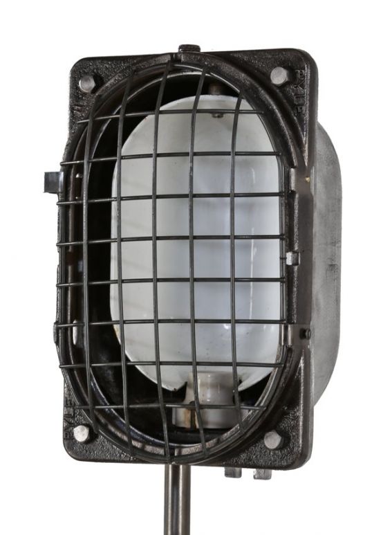 refurbished american vintage c. 1940's industrial cast iron and steel pyle railroad "trouble light" with original steel mesh cage