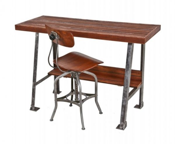 repurpsoed american vintage industrial stationary oak wood workbench or multi-purpose media desk with steel bases 