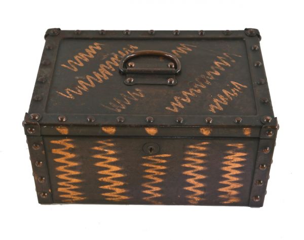 unique c. early 20th century american industrial reinforced "fireproof" solid steel strong box with original oxidized copper-plated finish 