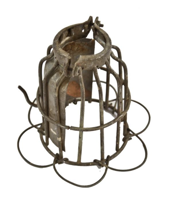 heavy duty late 1930's american industrial reinforced galvanized steel machine shop pendant light bulb cage or guard with reflector and hook