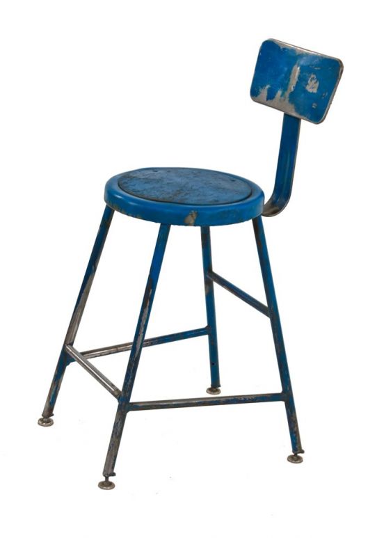 modified c. 1950's american vintage industrial blue enameled four-legged tubular steel factory machinist stool with backrest