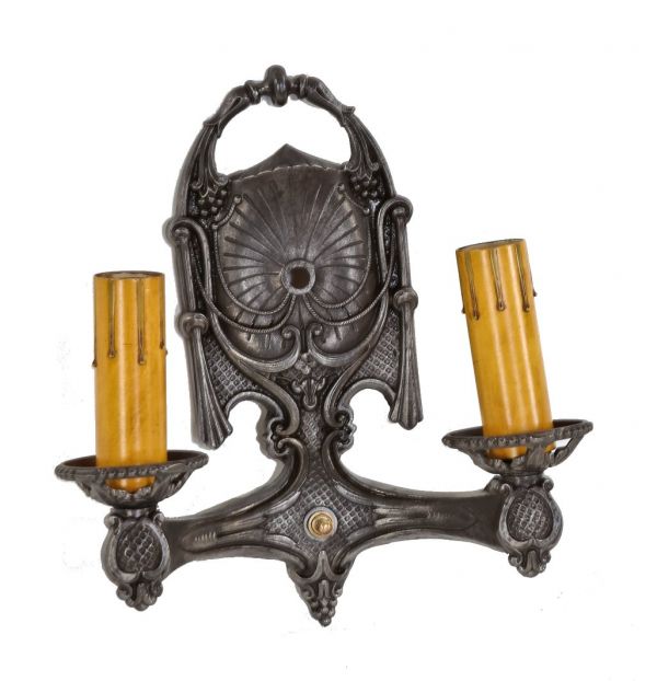 finely cast early 1930's american depression era ornamental iron "electric "candle double arm wall sconce with "dripping wax" sleeves 