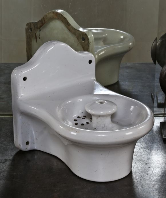 original c. 1920's intact antique american wall-mount granada theater white glazed porcelain "creta" pattern drinking fountain or "bubbler" with dome-shaped tap 