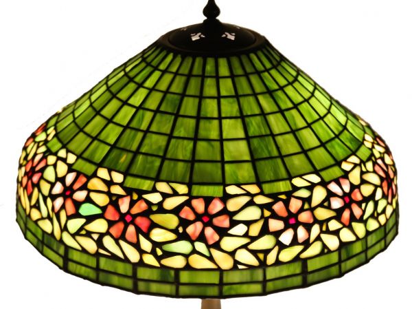 original early 20th century american antique craftsman style richly colored green gridded glass handel table lamp with decorative bronze base