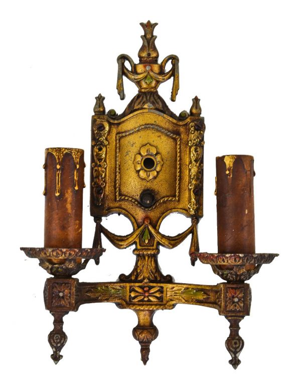Original C 1930 S Double Arm Electric Candle Flush Mount Interior Residential Candelabra Wall Sconce With Antique Gold Finish - Antique Wall Sconces For Candles