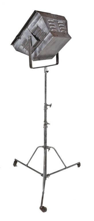 1950's american vintage industrial brushed metal mobile oversized "colortran" portable photography telescoping studio light with ventilated "groverlite" with hinged barn doors