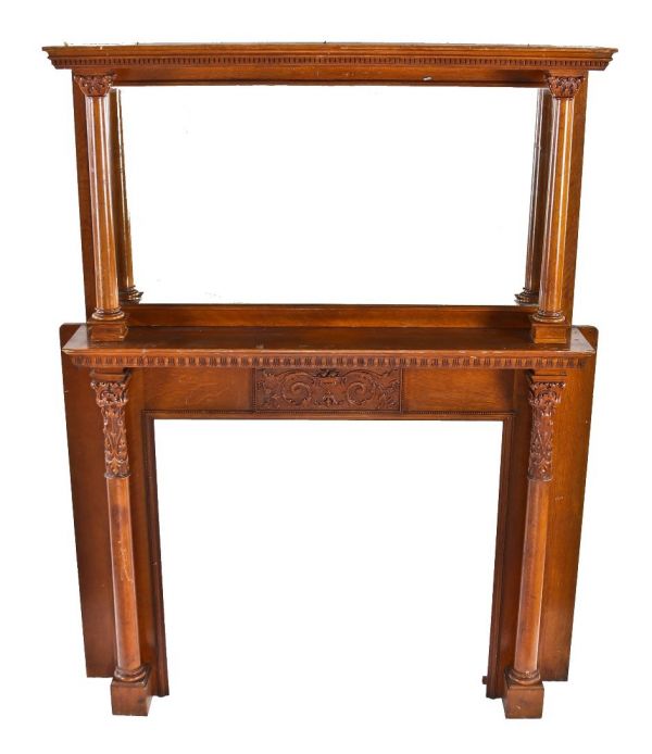 remarkable c. 1880's interior chicago gold coast mansion hand carved quartered oak wood full mantel with oversized mirror