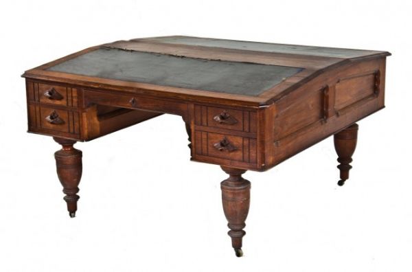 remarkable c. 1870's antique american industrial well-maintained solid walnut wood new york city bank building oversized partners desk with oversized turned legs
