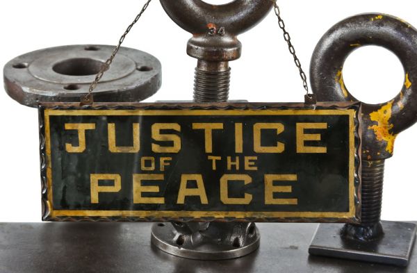 unique early 20th century american courthouse building hanging "justice of the peace" reverse-painted glass sign with scalloped edges