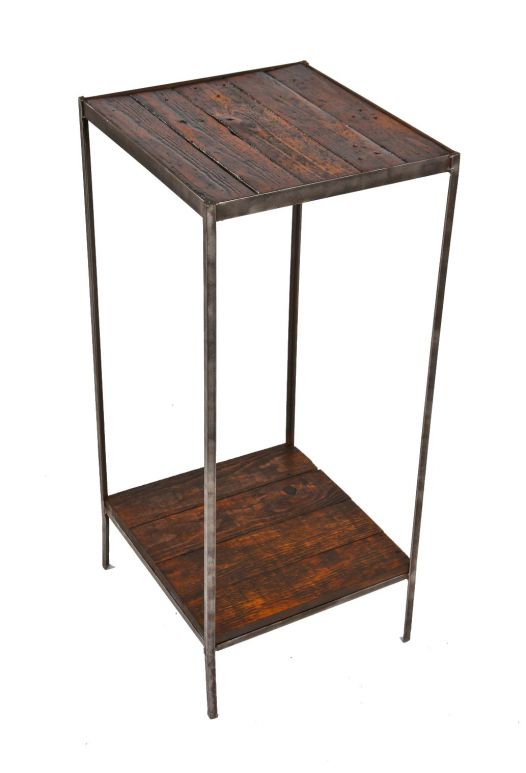lightweight american industrial two-tier angled steel side or occasional table with newly added old growth pine wood boards