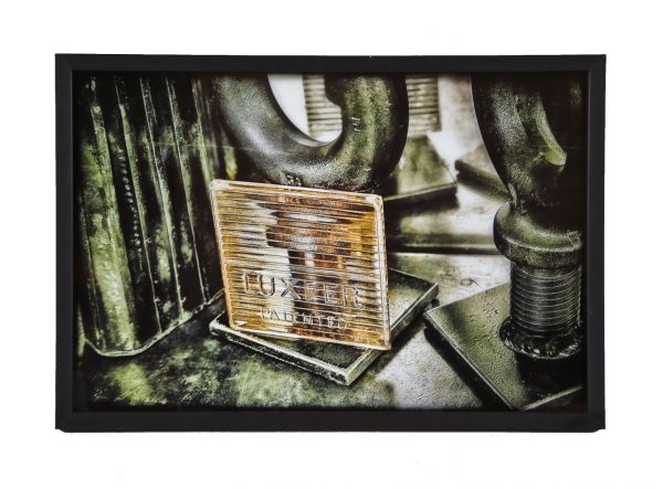 limited edition large format digital print entitled "luxfer" with black enameled custom-built wood frame with clear glass