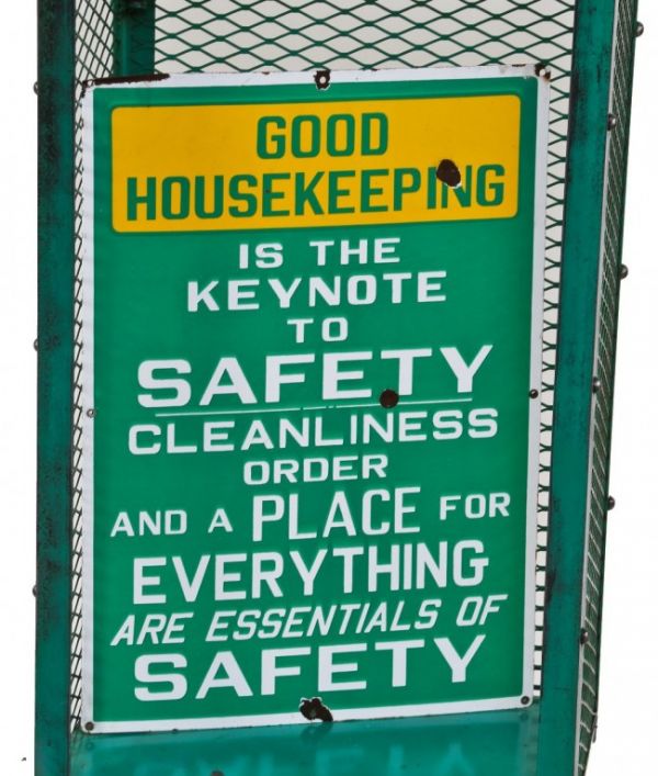 rare all original and intact highly collectible late 1930's american industrial single-sided cold-rolled steel porcelain enameled "good housekeeping" factory safety sign