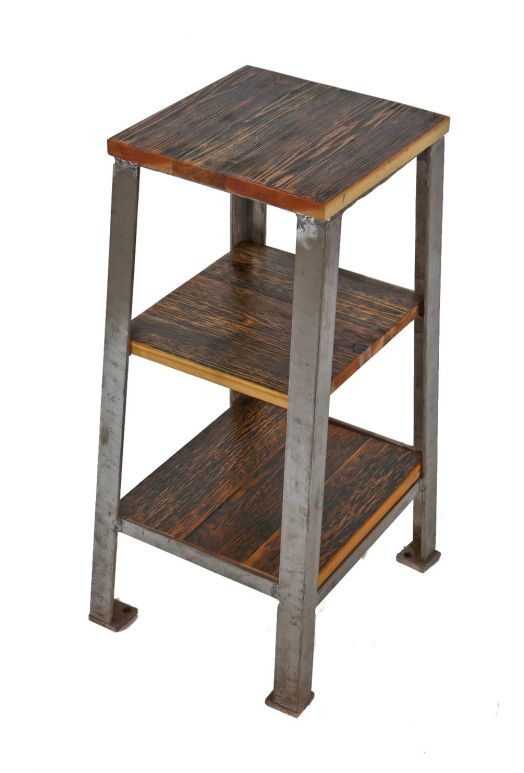 repurposed c. 1940's american industrial chicago factory grinder stand comprised of angled steel with newly added wood shelves