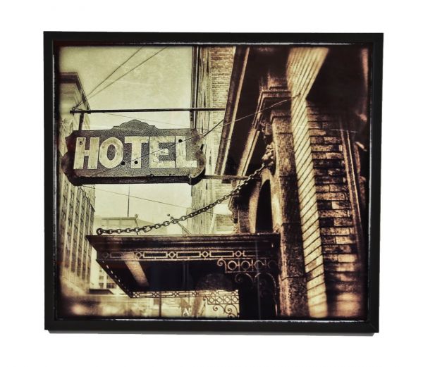 signed limited edition large format digital print entitled "hotel" with black enameled custom-built wood frame with clear plate glass 