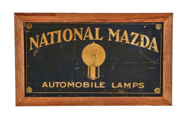original c. 1930's american industrial blue lithographed tin "national mazda" automobile lamp advertising sign 