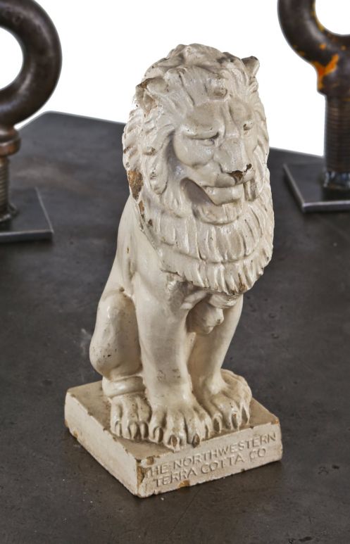 one of two original and nearly identical early 20th century white glazed figural "rearing lion" northwestern terra cotta salesman or showroom sample 