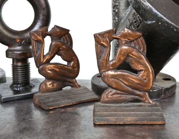 matching pair of original american art deco style machine age ornamental copper-plated cast iron figural nude copper plated bookends 