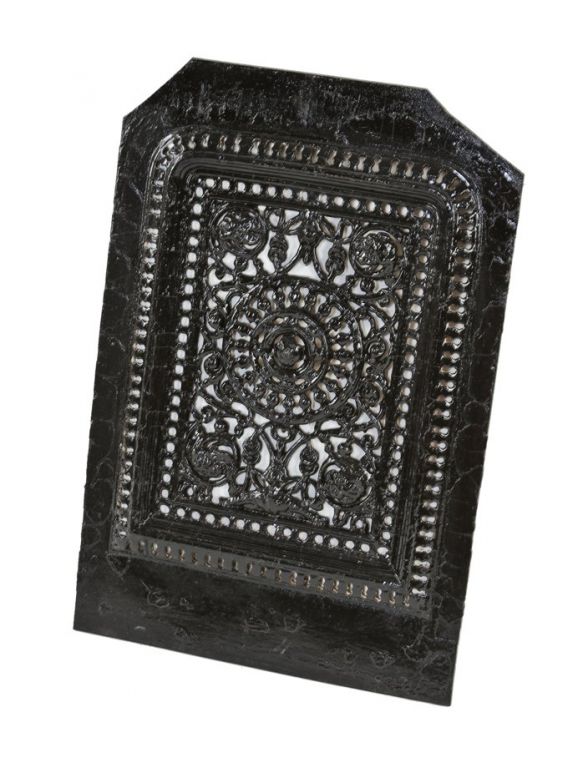 19th century american antique victorian era ornamental pierced cast iron residential fireplace summer cover with black enameled finish