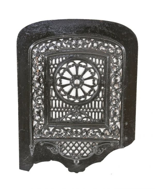 c. 1860's american victorian era black enameled arch top ornamental cast iron interior residential fireplace summer cover with intricate filigree 