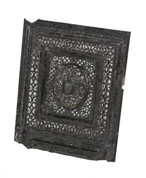 original mid-19th century ornamental cast iron chicago italianate interior marble mantel summer cover with black paint finish; largely intact 