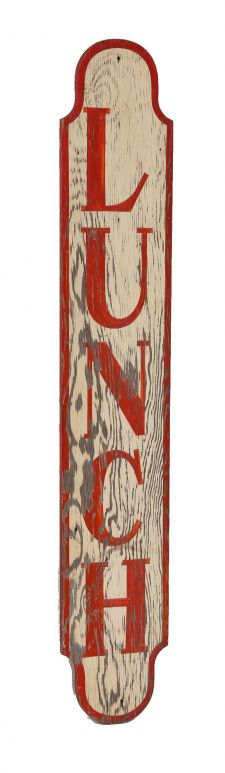striking original american depression era single-sided hand-painted "lunch" wood flush mount exterior amusement park sign with bold red lettering