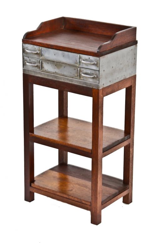 original and intact custom freestanding repurposed "quality springs" steel cabinet side or occasional table with custom- built mahogany wood stand