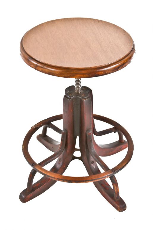 early 20th century partially intact adjustable height stationary american industrial switchboard operator bent wood stool with newly added seat