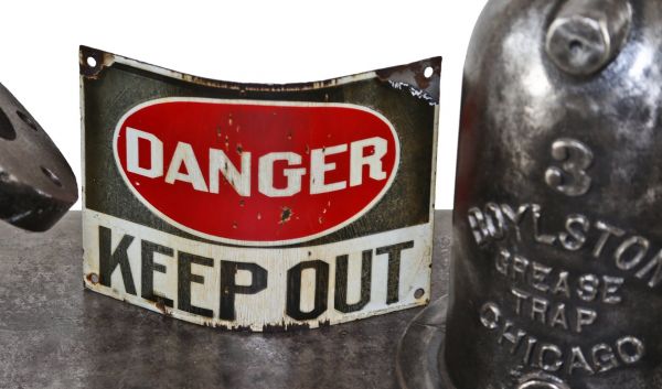 rare c. 1914 all original antique american industrial early "danger" gold mine sign comprised of porcelain enameled heavy gauge steel 