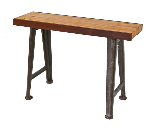 custom american industrial factory machine base console table with newlly added walnut and maple wood top