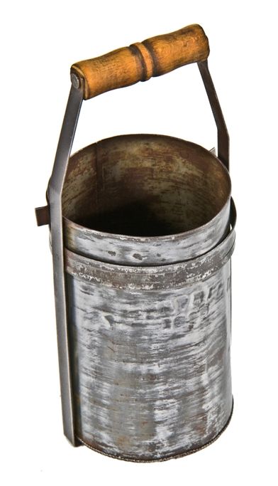 original and intact c. 1930's american industrial frabill portable  galvanized steel circular-shaped minnow bucket with intact drop handle and  detectable lid