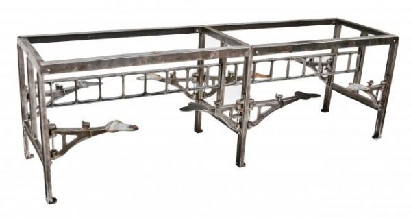 early 1920's antique american industrial brushed cast iron and angled steel 8-seat stationary farley and loetscher factory lunchroom table base and brackets 